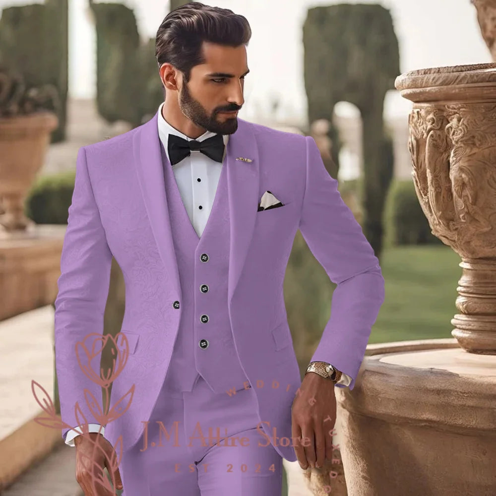 Men's White Jacquard Suit 3pcs Jacket Vest Pants Elegant Formal Fashion Set for Groom Wedding Prom Party Stylish Custom Tuxedo