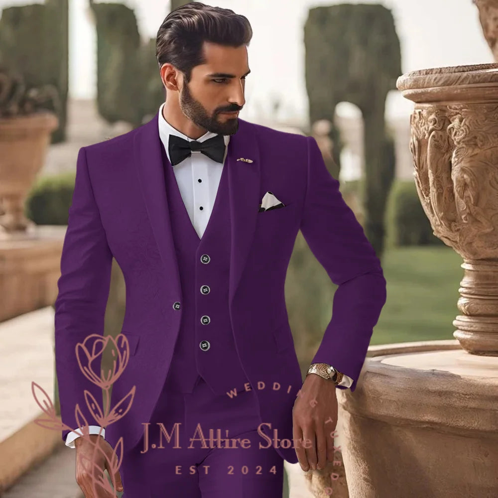 Men's White Jacquard Suit 3pcs Jacket Vest Pants Elegant Formal Fashion Set for Groom Wedding Prom Party Stylish Custom Tuxedo