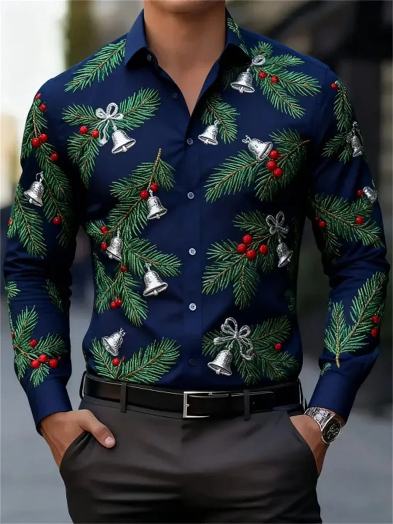 Men's business long sleeved button up shirt, Christmas 3D printed pattern, fashionable long sleeved casual shirt, high-quality c