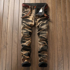 Jeans Men Vintage Distressed Pencil Pants Mid Waist Zipper Pockets Slim Ankle Length Trousers