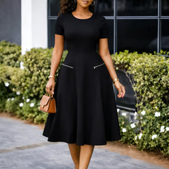 2026 Women's Elegant Simple Solid Color Dress Round Neck A-Line Shape Slimming Effect Waist-Slimming Full Dress