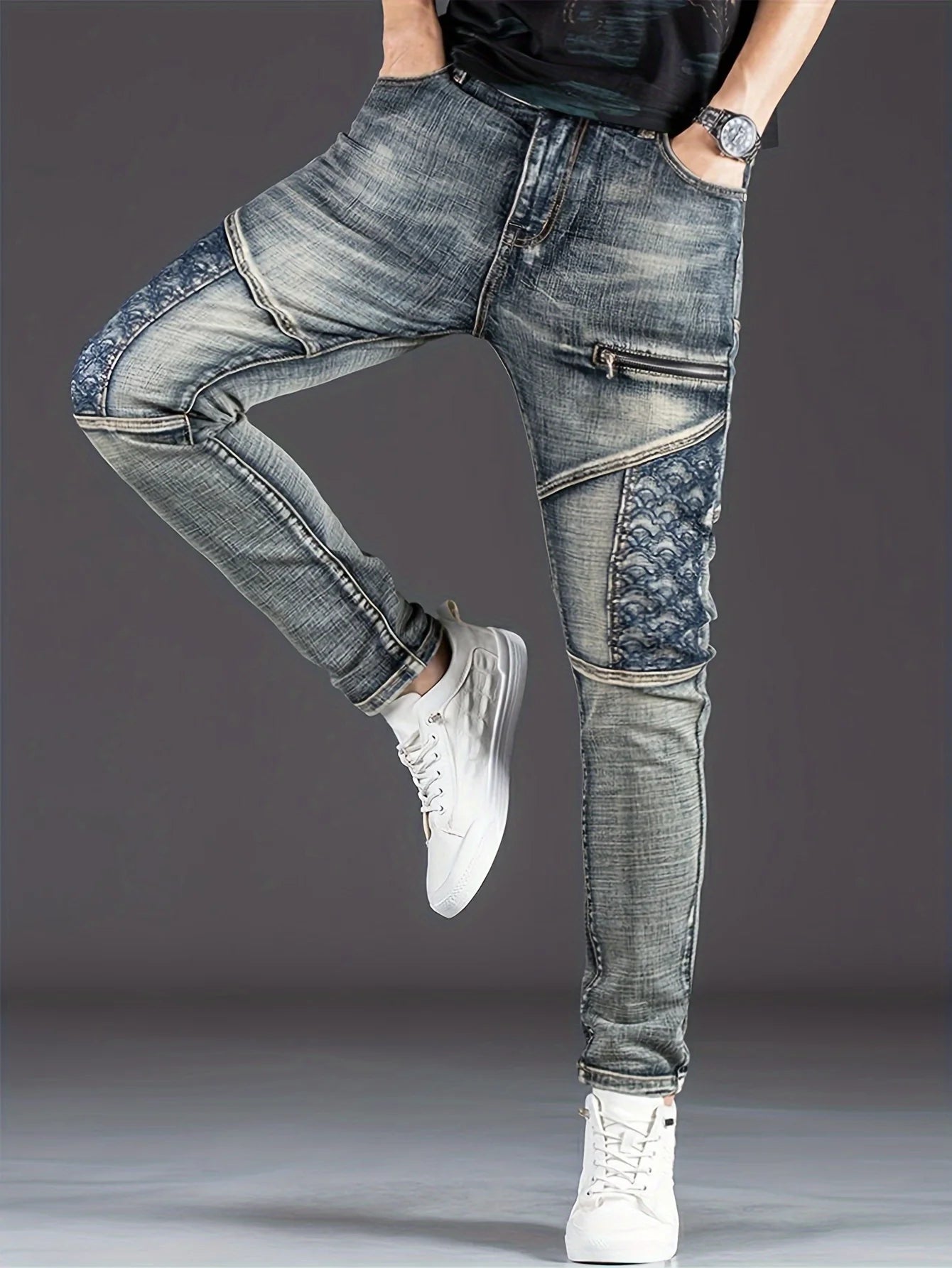 Nostalgic Trendy Motorcycle Men's Jeans Slim Fashion Patchwork Washed Denim