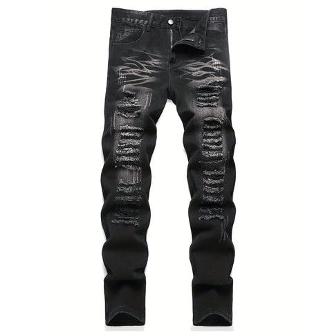 Men’s trendy streetwear: black ripped straight-leg jeans – an excellent gift for husbands or boyfriends.
