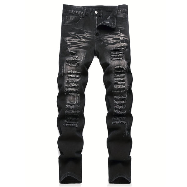 Men’s trendy streetwear: black ripped straight-leg jeans – an excellent gift for husbands or boyfriends.