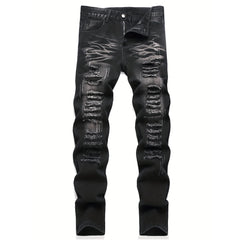 Men’s trendy streetwear: black ripped straight-leg jeans – an excellent gift for husbands or boyfriends.