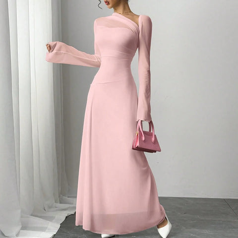 New spring/summer women's pink tulle explosion slim irregular diagonal shoulder ultra long dress