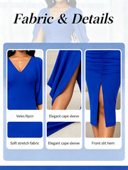 Women V-Neck Cape Sleeve Midi Dress Split Bodycon Elegant Evening Party Wedding Guest Dresses