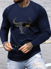 Men's 100% pure cotton loose fit plus size comfortable casual sports bull pattern printed round neck long sleeved T-shirt top