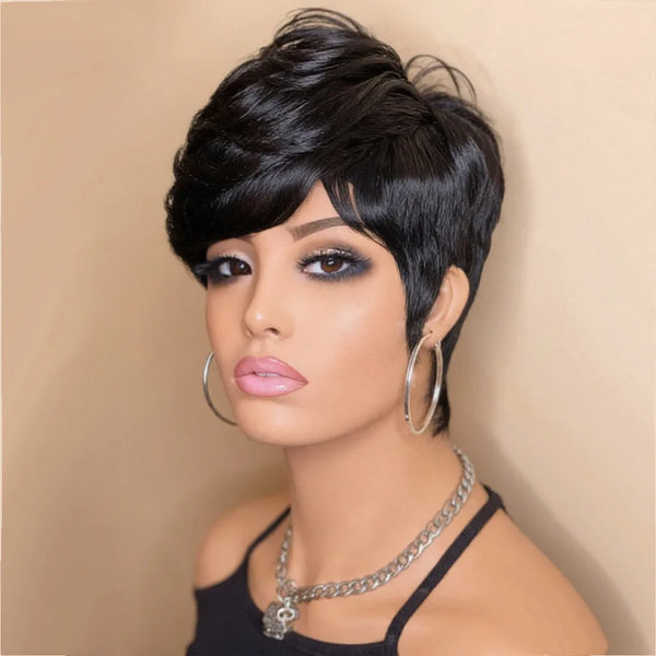 short straight pixie wig pixie cut human hair machine made  wig 6inch balck color 150% density daily party use wig