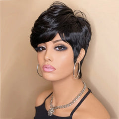 short straight pixie wig pixie cut human hair machine made  wig 6inch balck color 150% density daily party use wig