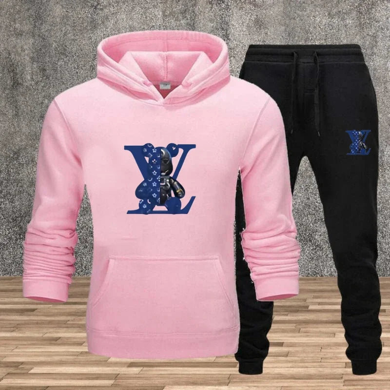 Men's hooded pullover + sweatpants fitness set for autumn and winter, casual jogging two-piece set