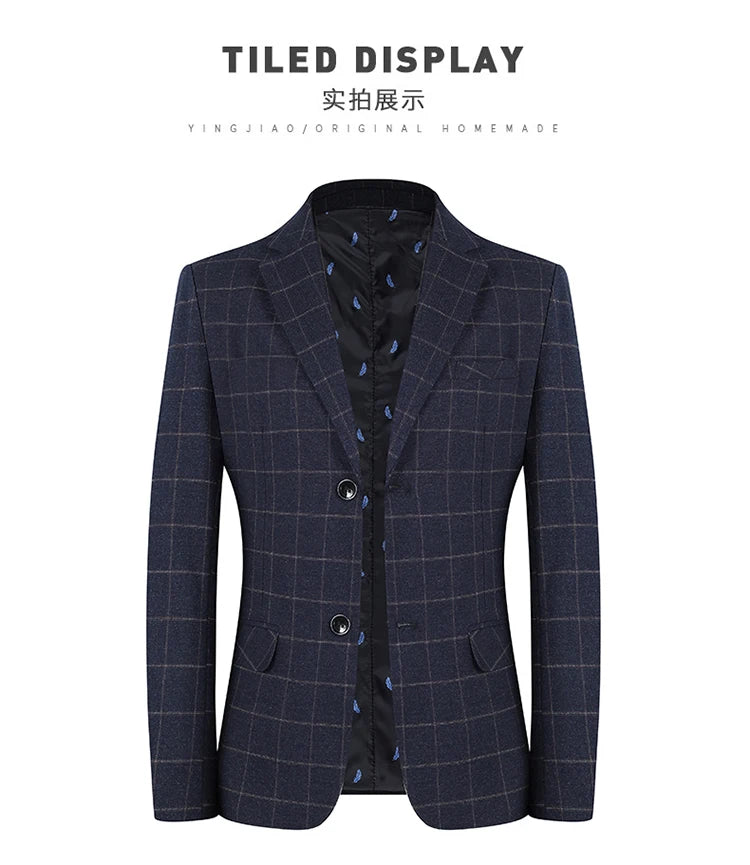 Men's Slim Fit Plaid Blazer Casual Spring Autumn Fashion Polyester Coat Handsome All-Matching Suit for Middle-Aged