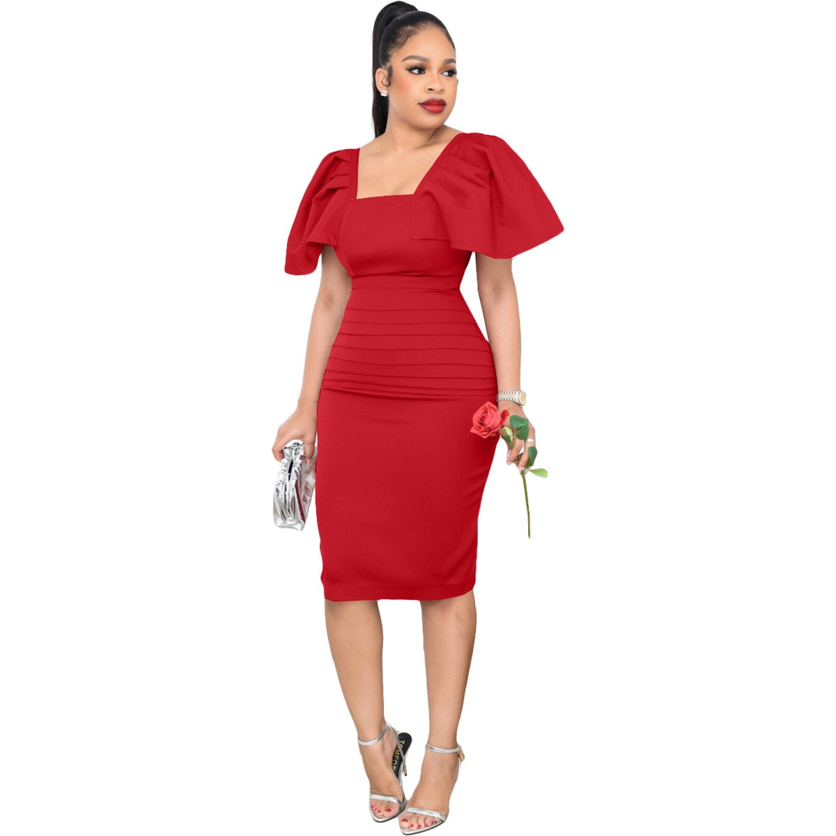 Summer Ruffle Work Dress Women Casual Solid Butterfly Short Sleeve Square Collar Tight Waist Bodycon Party Business Midi Dress