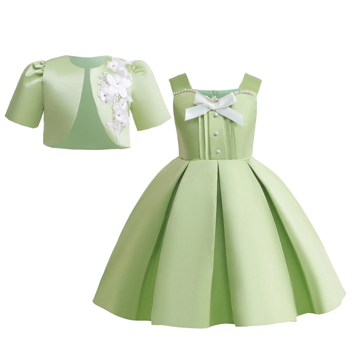 New Girls Dress Summer Sleeveless Princess Dress +Green Short Jacket