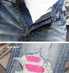Men's Clothing Autumn and Winter Slim-fit Jeans Ripped Leggings Trendy Brand Cotton Handsome Trousers