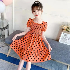 Summer Girls Short Sleeve Dress For Kids Polka Dot Dress Wedding Birthday Party Vestidos 3 6 7 9 12Year Children Casual Clothing