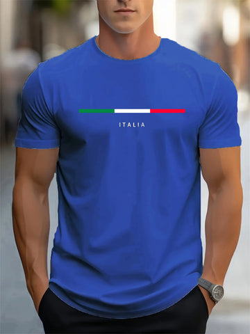 Men's summer 100 cotton fashionable casual loose plus size ITALIA pattern printed sports round neck short sleeved T-shirt top