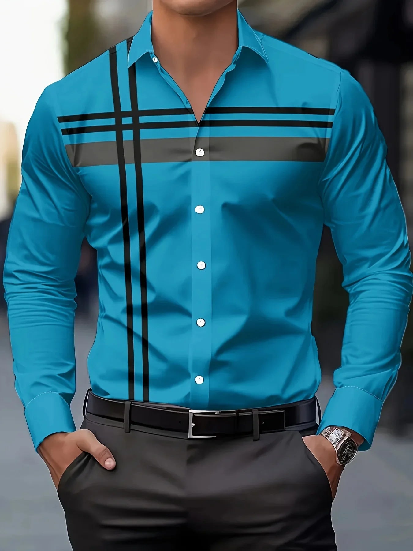 Men's Casual Dress Shirt with Modern Striped Design Regular Fit Long Sleeve