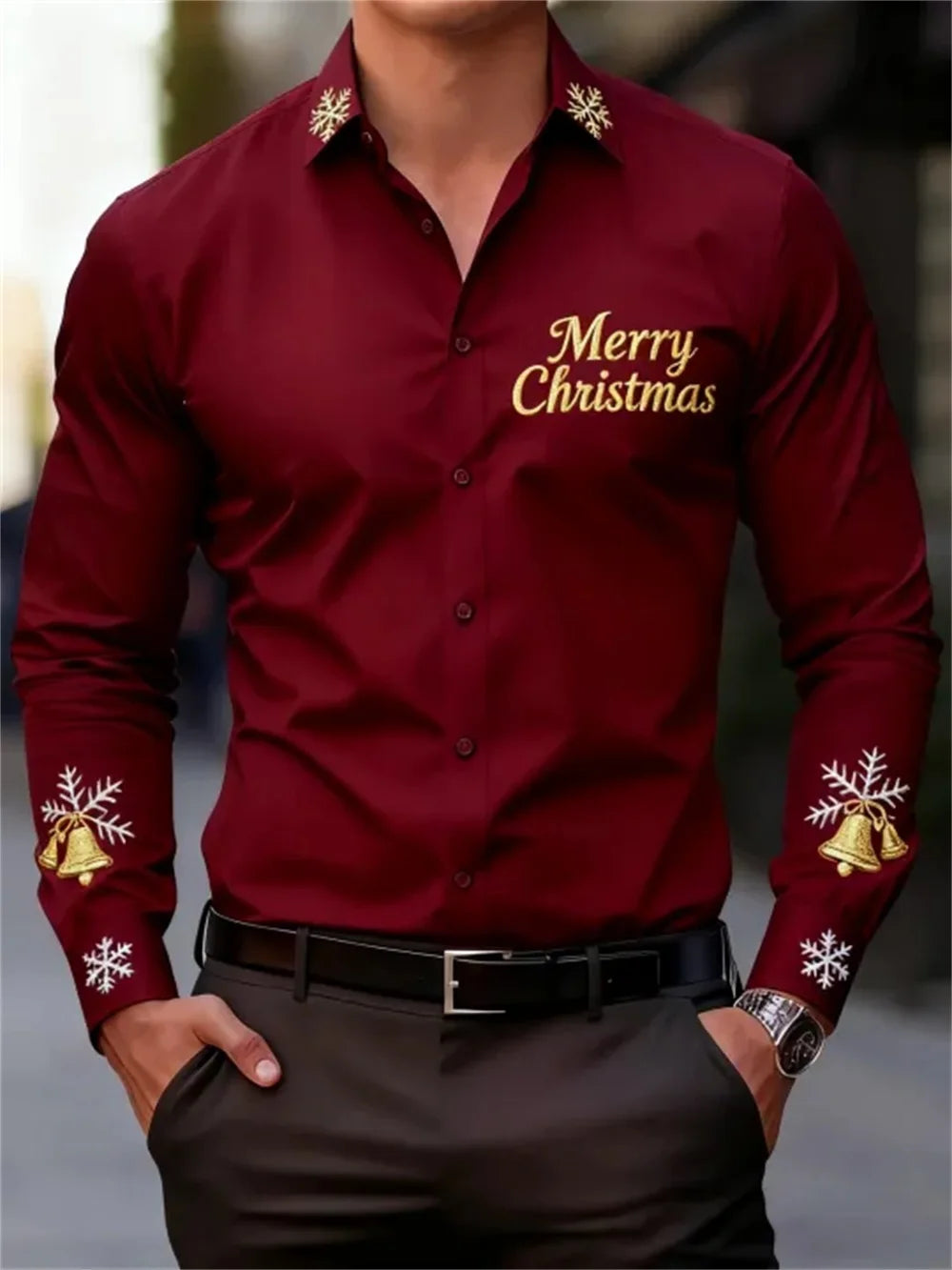 Men's business long sleeved button up shirt, Christmas 3D printed pattern, fashionable long sleeved casual shirt, high-quality c