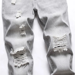 Mens Jeans Large-size Straight Light Gray Denim Trousers Spring  Ripped Jeans