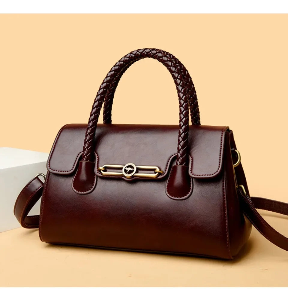 Retro High Quality Oil Leather Women Top-handle Shoulde Bags Vintage Casual Totes Trendy Lock Designer Handbag Small