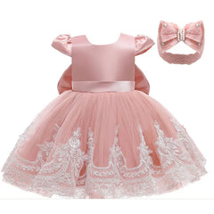 3M-3T Toddler Baby Girls Dresses Pageant Wedding Flower Formal Gowns Embroidered Lace Dress+Headwear 1st Birthday Girls Dress