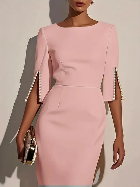 Women's Solid Color Pencil Midi Dress - Pearl Embellished Half Sleeve O-Neck Elegant Office Wear