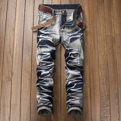 Jeans Men Vintage Distressed Pencil Pants Mid Waist Zipper Pockets Slim Ankle Length Trousers