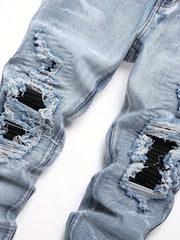 Men‘s Stretchy Denim Jeans Streetwear Tearing Patchwork Holes Ripped denim elastic