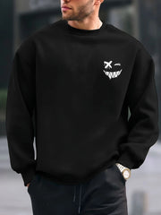 Men's autumn and winter warm casual loose fashionable classic smiling face pattern printed long sleeved round neck sweatshirt