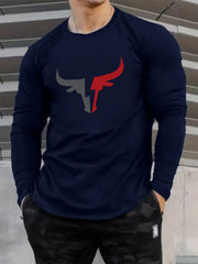 Men's 100% pure cotton loose fit plus size comfortable casual sports bull pattern printed round neck long sleeved T-shirt top