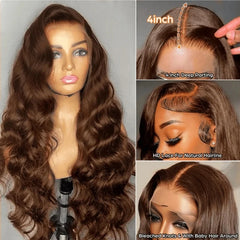 HD Chocolate Brown Human Hair Wigs 13x6 Full Lace Frontal Body Wave Brown Wigs Brazilian 30 Inch 13x4 Lace Front Wig 220 Density