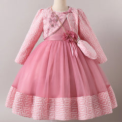 HETISO Girl Dresses with Bag long Sleeve Coat Tulle Princess Ball Gown for Kids in Party Birthday Graduation Christmas 3-10Y