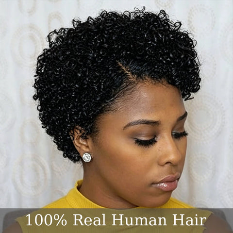 Natural Black Short Tight Kinky Curly Lace Front Pixie Cut Human Hair Wig Lightweight Solid Black Small Curl Short Lace Front Pixie Wig13x4x1 Lace Front Full Machine Made For Office Routine Dating & Various Formal Gatherings
