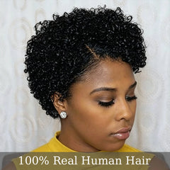 Natural Black Short Tight Kinky Curly Lace Front Pixie Cut Human Hair Wig Lightweight Solid Black Small Curl Short Lace Front Pixie Wig13x4x1 Lace Front Full Machine Made For Office Routine Dating & Various Formal Gatherings
