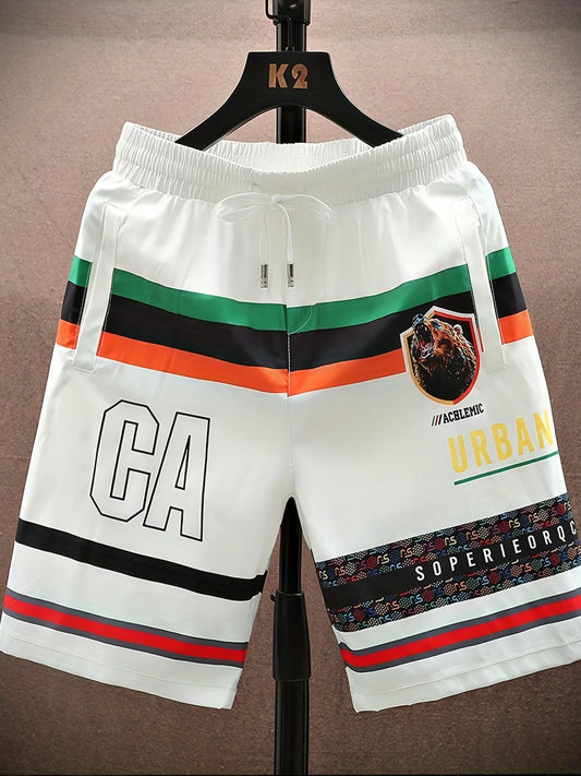 Bear Pattern Letter Print Striped Quick Drying Comfy Shorts Summer Men's Casual Drawstring Shorts For Summer Fitness Beach Short