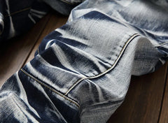 Jeans Men Vintage Distressed Pencil Pants Mid Waist Zipper Pockets Slim Ankle Length Trousers