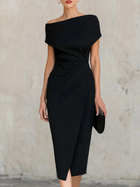 Women's Off Shoulder Ruched Bodycon Midi Dress for Cocktail Party