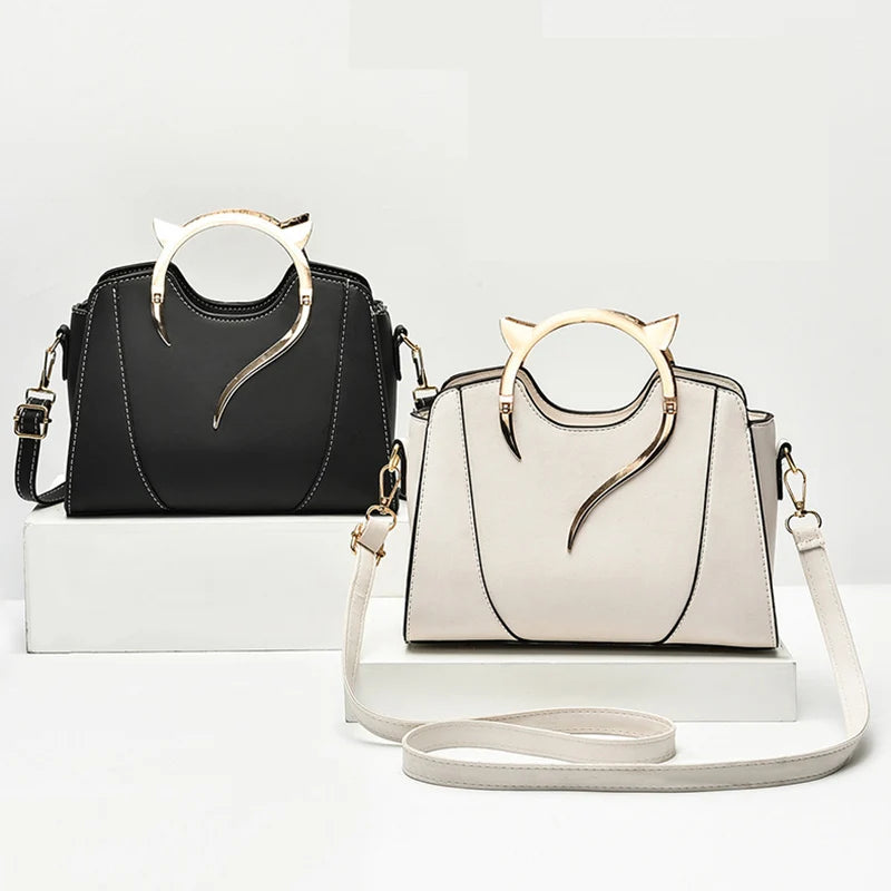 Cat Shaped Handle Women Handbag Trendy And Fashionable, Solid Color, Simple And Casual Crossbody Shoulder Shell Bag