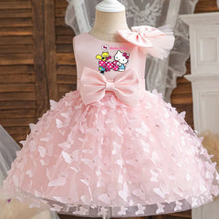 Hello Kitty Girl Princess Dress Kid Clothes Party Birthday Outfits Evening Party Tulle Dress Wedding Wear Summer Bowknot Dress