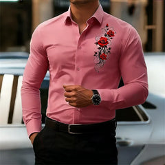 Men's Long-Sleeved Shirt, Featuring a Vintage Red Rose Print Design. A Stylish