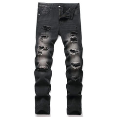American Fashion Street Style Ripped Skinny Jeans  Street Riding Stretch Slim Fit Straight Pants Patchwork  Denim Trousers Male