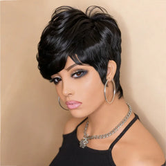 short straight pixie wig pixie cut human hair machine made  wig 6inch balck color 150% density daily party use wig