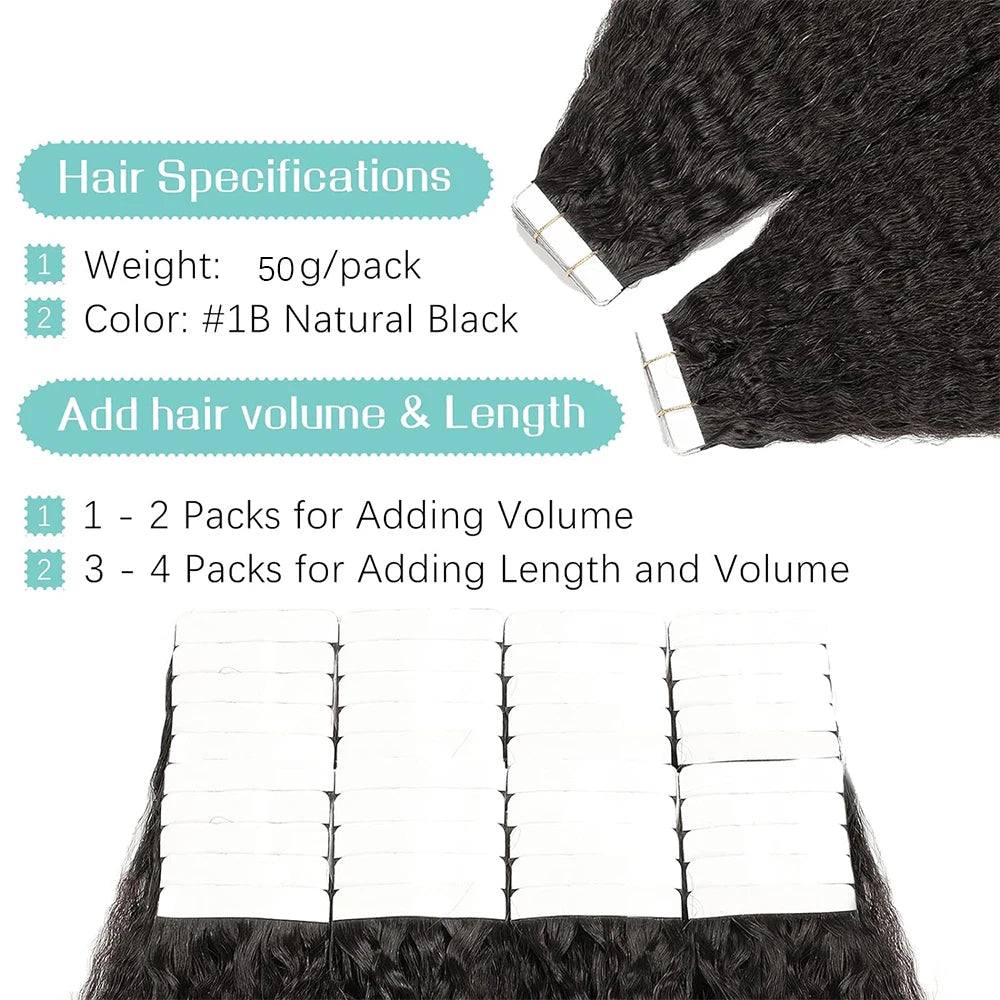 Kinky Straight Tape In Human Hair Extensions Skin Weft Hair Extensions Adhesive Invisible 100% Brazilian Virgin Natural Hair #1B