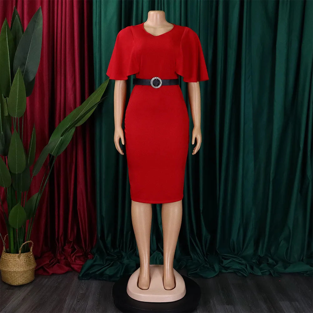 Elegant Office Dressi for women O Neck ruffles sleeve belt waisted sheath package hips  Mid Calf Formal Business Work Dre