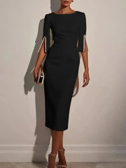 Women's Solid Color Pencil Midi Dress - Pearl Embellished Half Sleeve O-Neck Elegant Office Wear