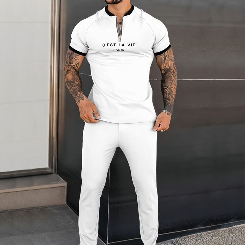 Spring Autumn Long Sleeve T Shirt+Pants Men 2 Piece Sets Men Tracksuit Printed Casual Eound Collar Zipper Sportwear Suit S-3XL