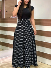 Retro Elegant Commuter Style Polka Dot High Waist  Flower Print Color Matching Short Sleeved Dress