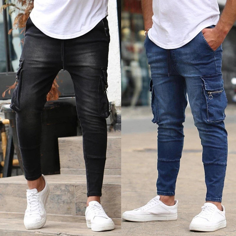 New Men's Slim Fit Stretch Jeans Casual Fashion Multi Pocket Cargo Denim Pants High  Jeans Work Hip Hop