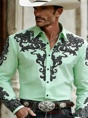 Men's Western Cowboy Style Fashion Print Long-Sleeve Shirt, Retro Lapel Slim Fit, Outdoor Casual Shirt, Sizes XS-6XL, 21 Colors